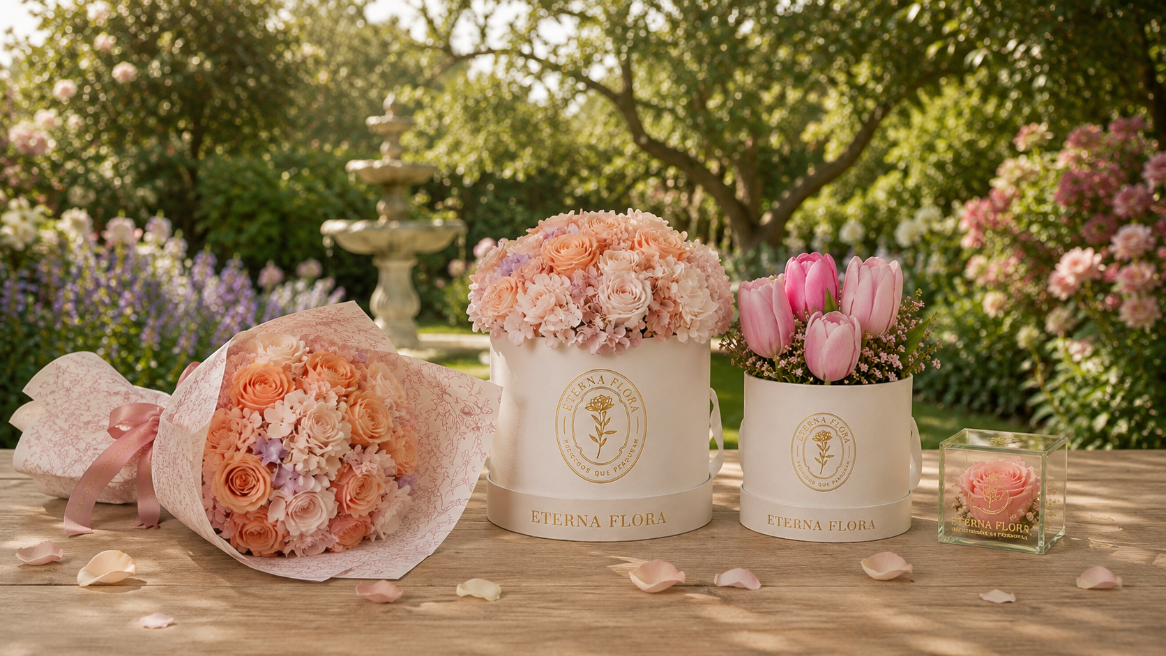 Arreglos florales en jardín